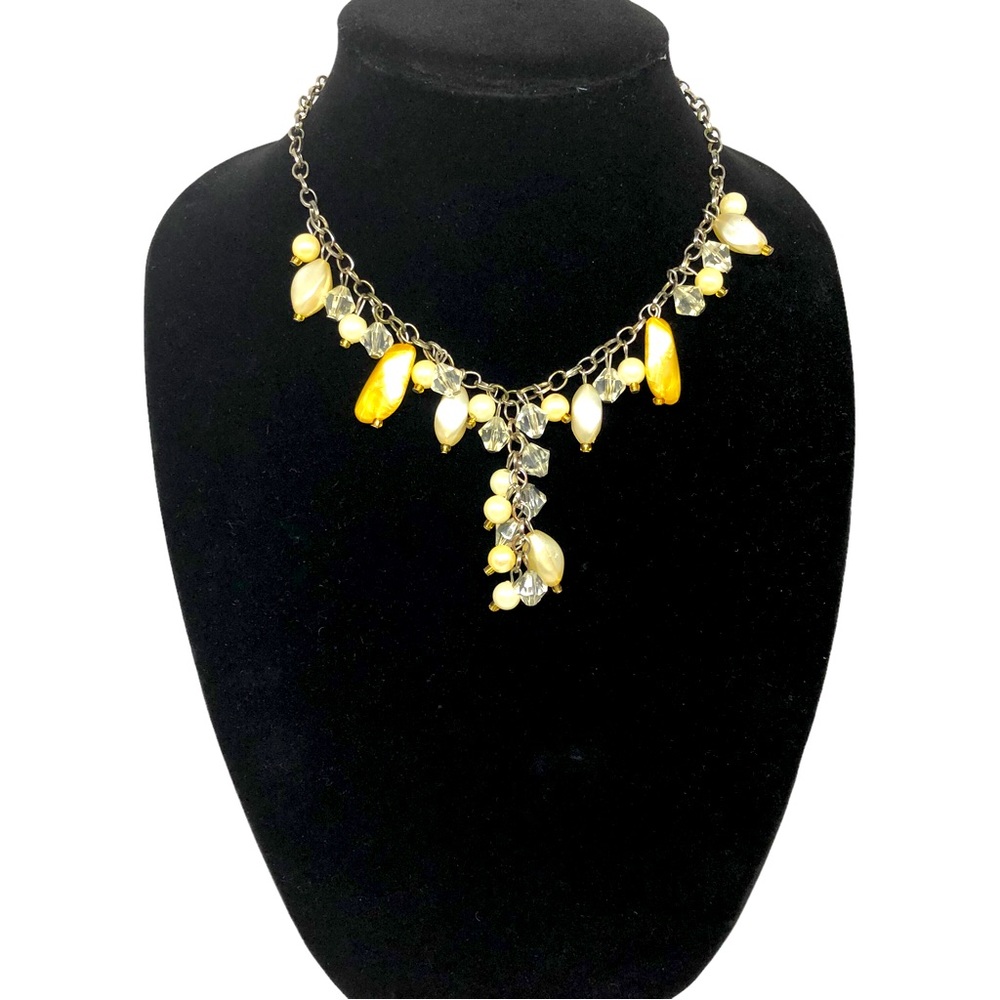Y Drop Necklace Stones Pearls Beads White Clear & Gold. 1980s